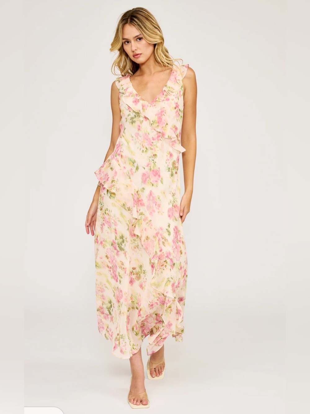 Lucy Paris Stella Pink Floral Ruffle Midi Dress Medium BNWT